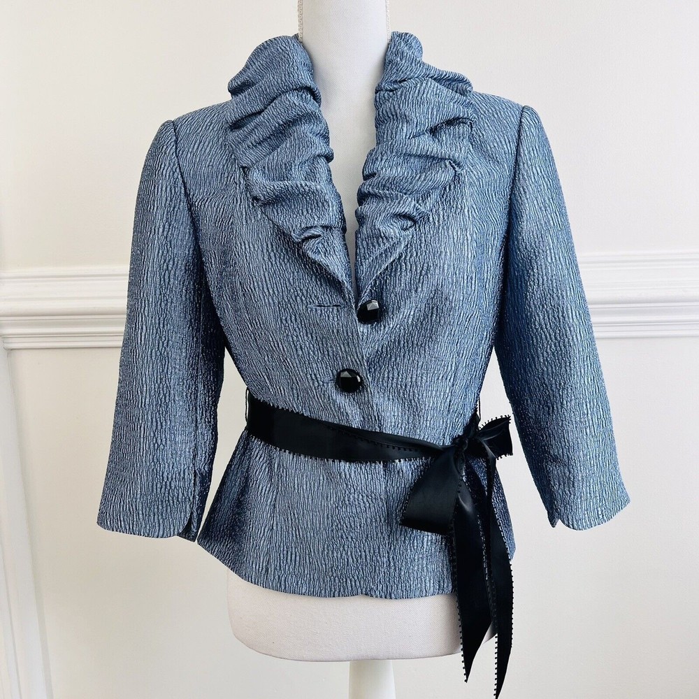 ADRIANNA PAPELL Sz 6 Casual Jacket ~ Blue Ruffled Collar Button-Up with Belt